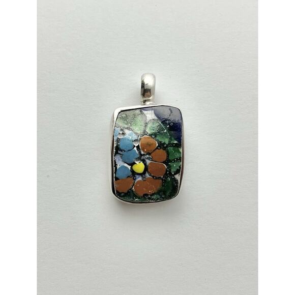 925 Sterling Silver Mosaic Talavera Spanish Mexican Flower Ceramic Tile Pendant - Picture 2 of 7